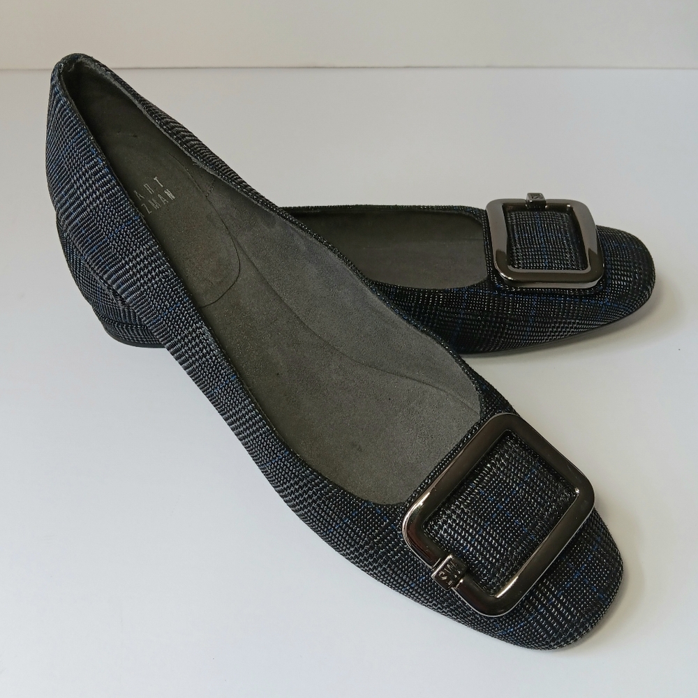 Stuart Weitzman Black Silver Plaid Squared Flats with Gunmetal Buckle Size 8.5 N